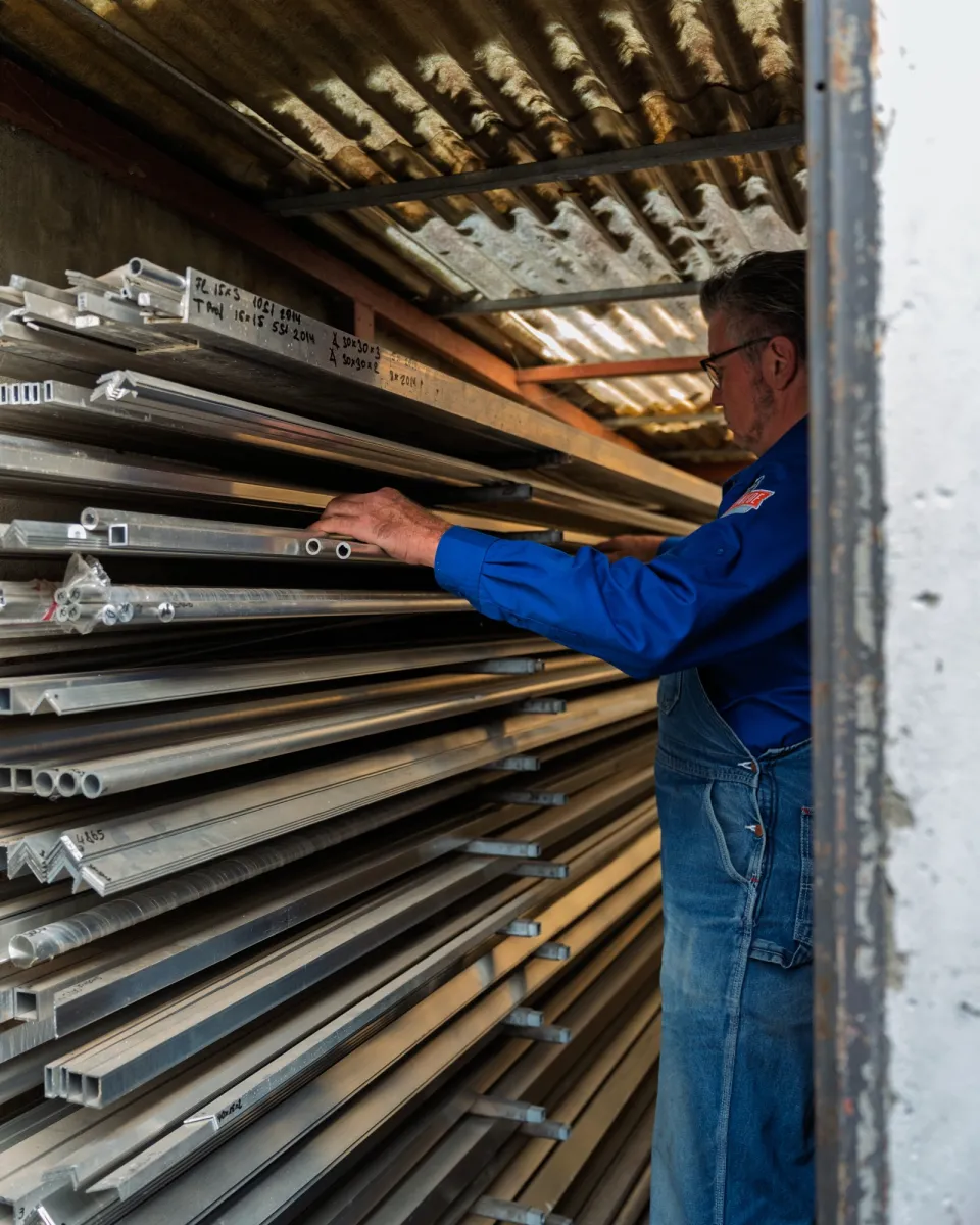 Axel Graupe zieht ein Aluminiumprofil aus dem Lagerregal